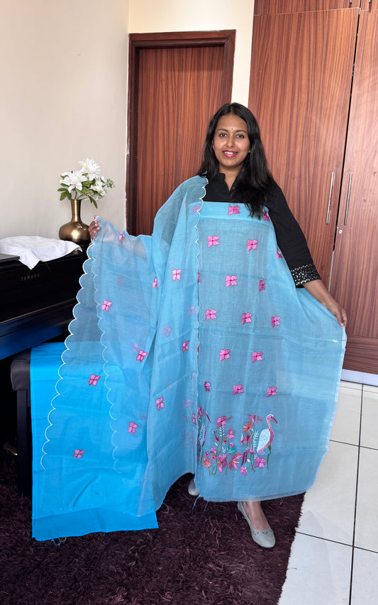 Sky Blue Kota Doria 3 Piece Suit Set with Saaras Bird Motif and Kota Doria Dupatta