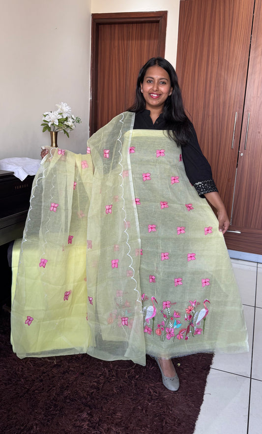 Lemon Kota Doria 3 Piece Suit Set with Saaras Bird Motif and Kota Doria Dupatta