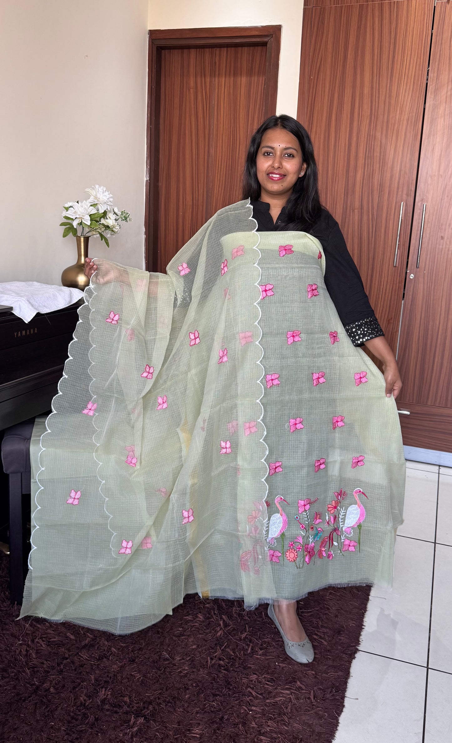 Cyan Green Kota Doria 3 Piece Suit Set with Saaras Bird Motif and Kota Doria Dupatta