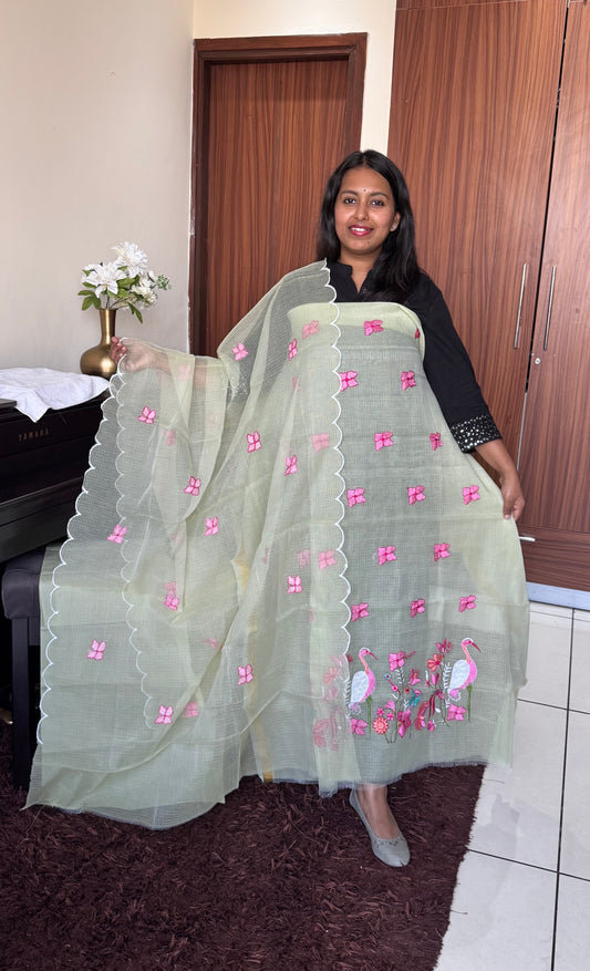 Cyan Green Kota Doria 3 Piece Suit Set with Saaras Bird Motif and Kota Doria Dupatta