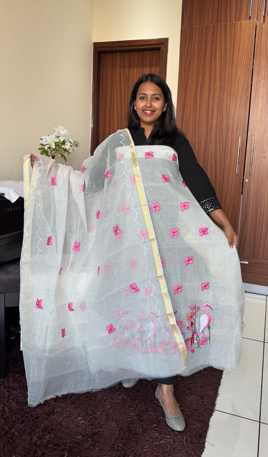 White Kota Doria 3 Piece Suit Set with Saaras Bird Motif and Kota Doria Dupatta