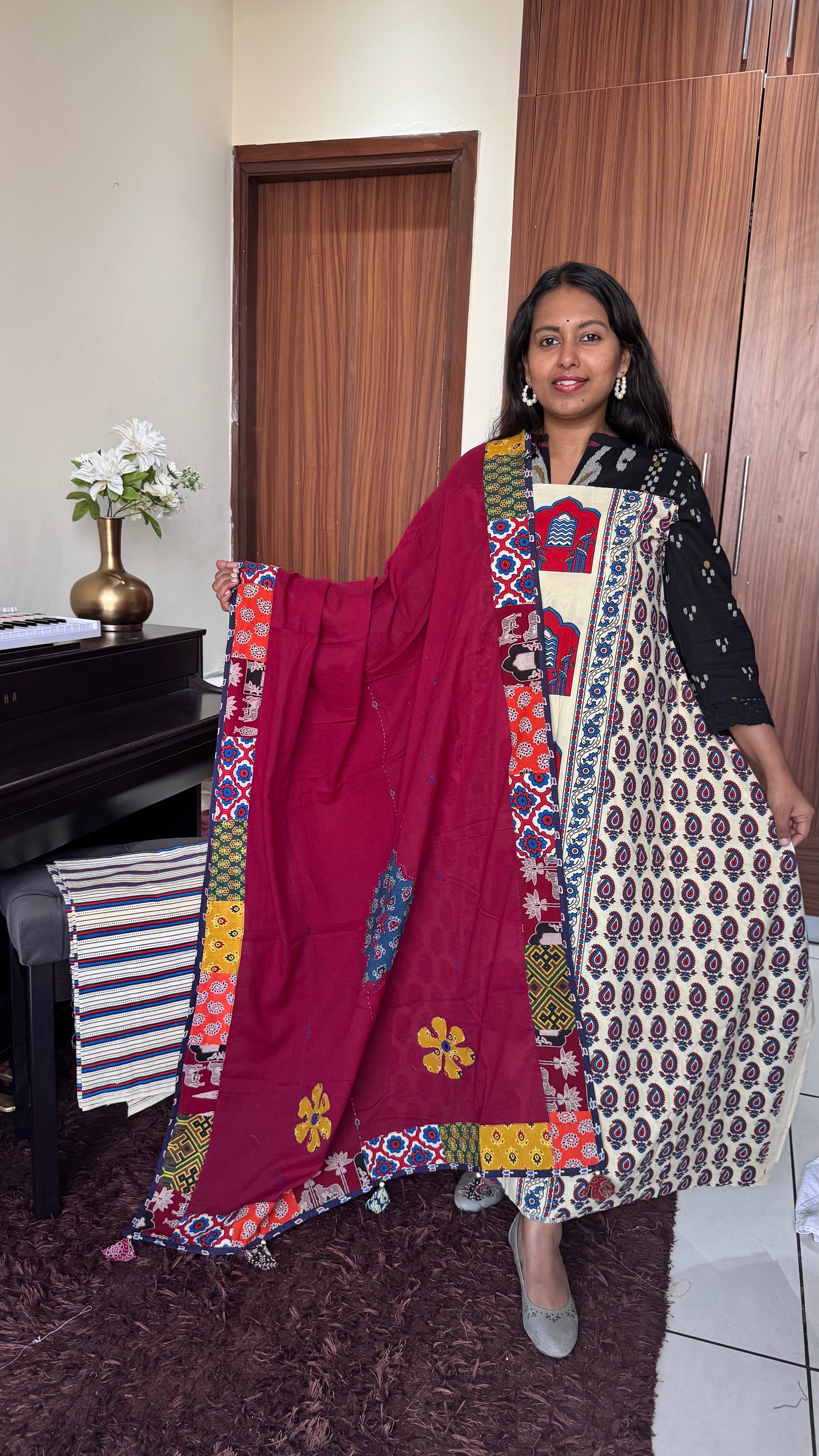 Offwhite Ajrakh Pure Cotton Suit Set with Jharokha Motif and Applique Cotton Dupatta