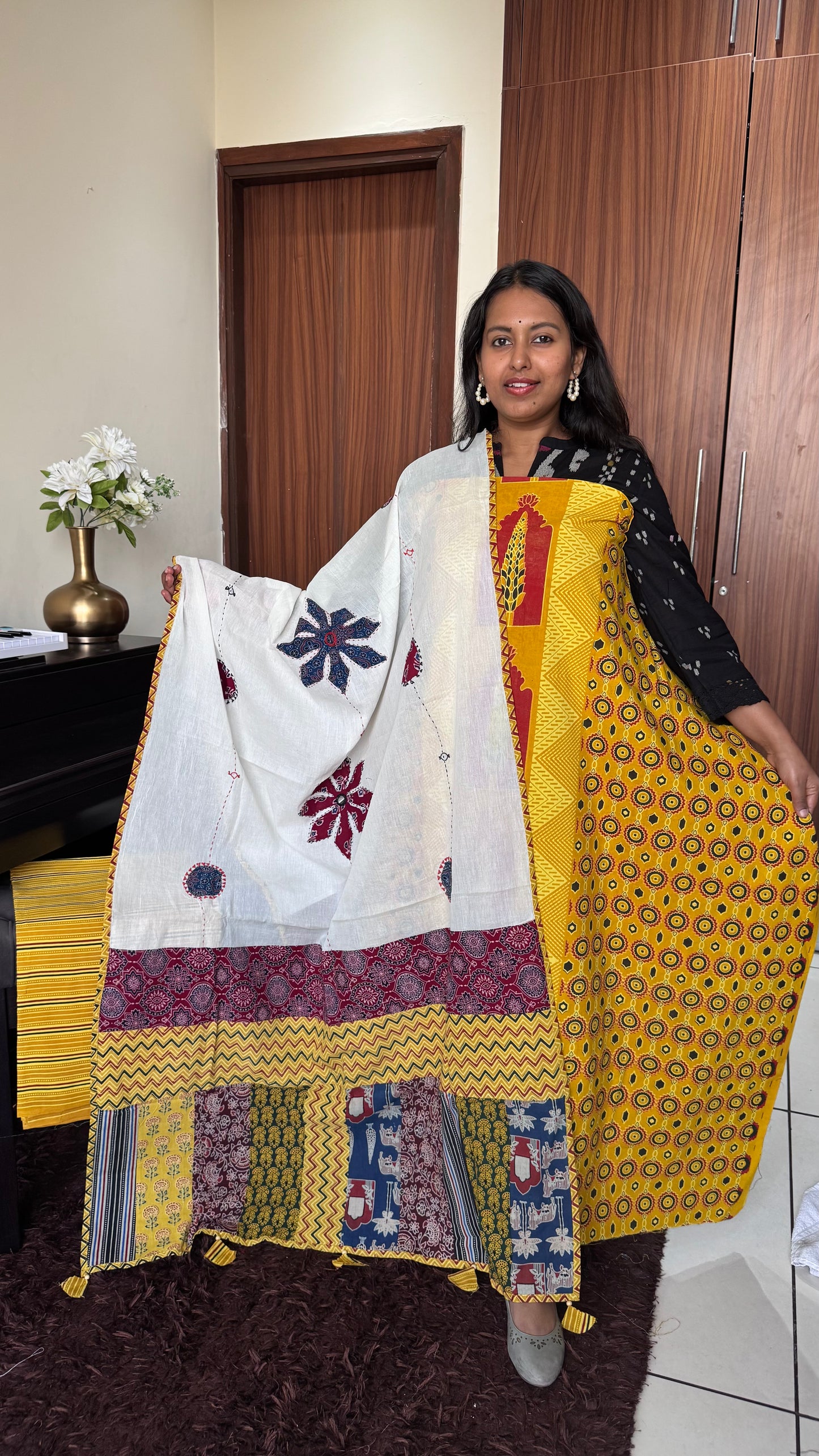 Haldi Shade Jarokha Motif Unstitched Handloom Cotton Suit Set with Cotton Applique Work Dupatta