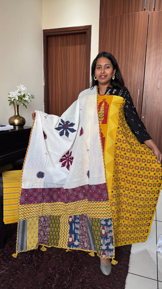 Haldi Shade Jarokha Motif Unstitched Handloom Cotton Suit Set with Cotton Applique Work Dupatta