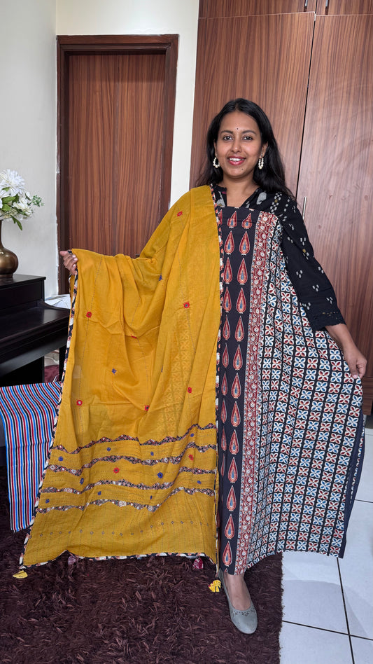 Black and Haldi Asopallav Motif Unstitched Handloom Cotton Dress Material with Cotton Applique Work Dupatta
