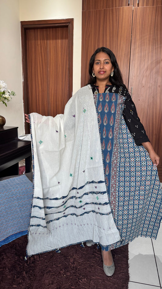 Blue Ajrakh Pure Cotton Suit Set with Assopallav Motif and Applique Cotton Dupatta