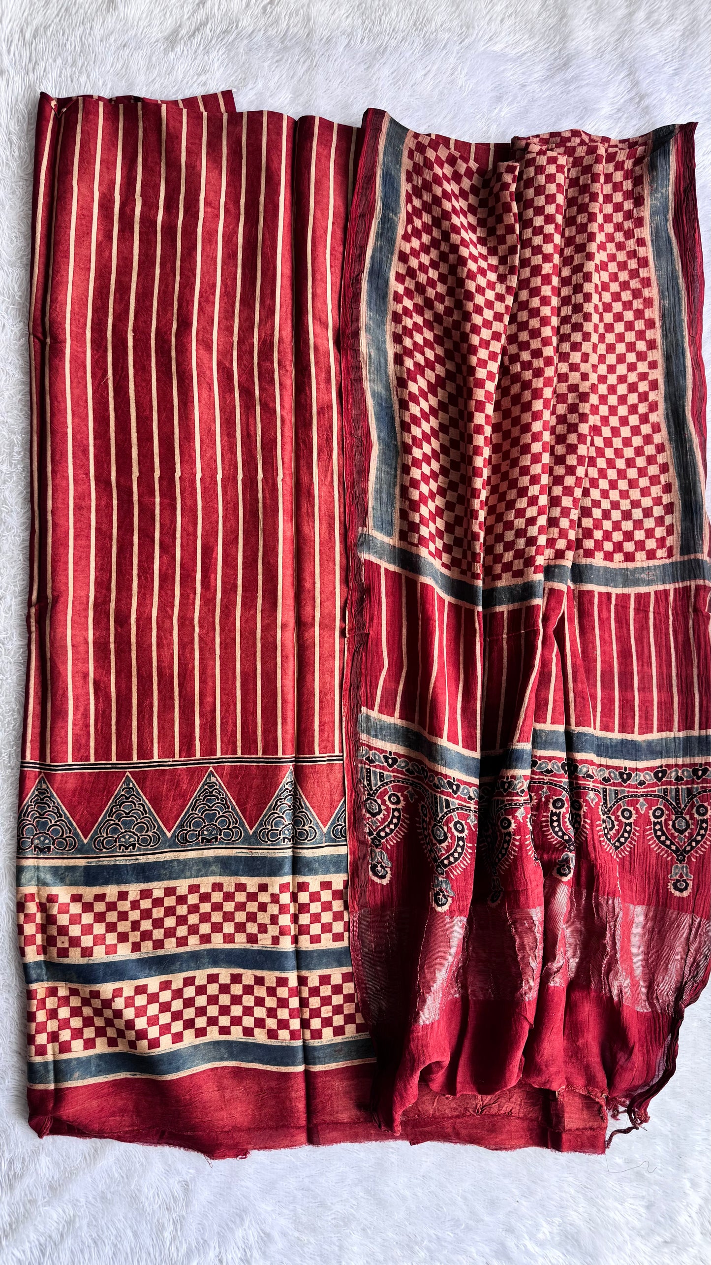 Brick Red Dhari Chess Motif Ajrakh Hand Block Chanderi Silk Cotton 2 Piece Suit set