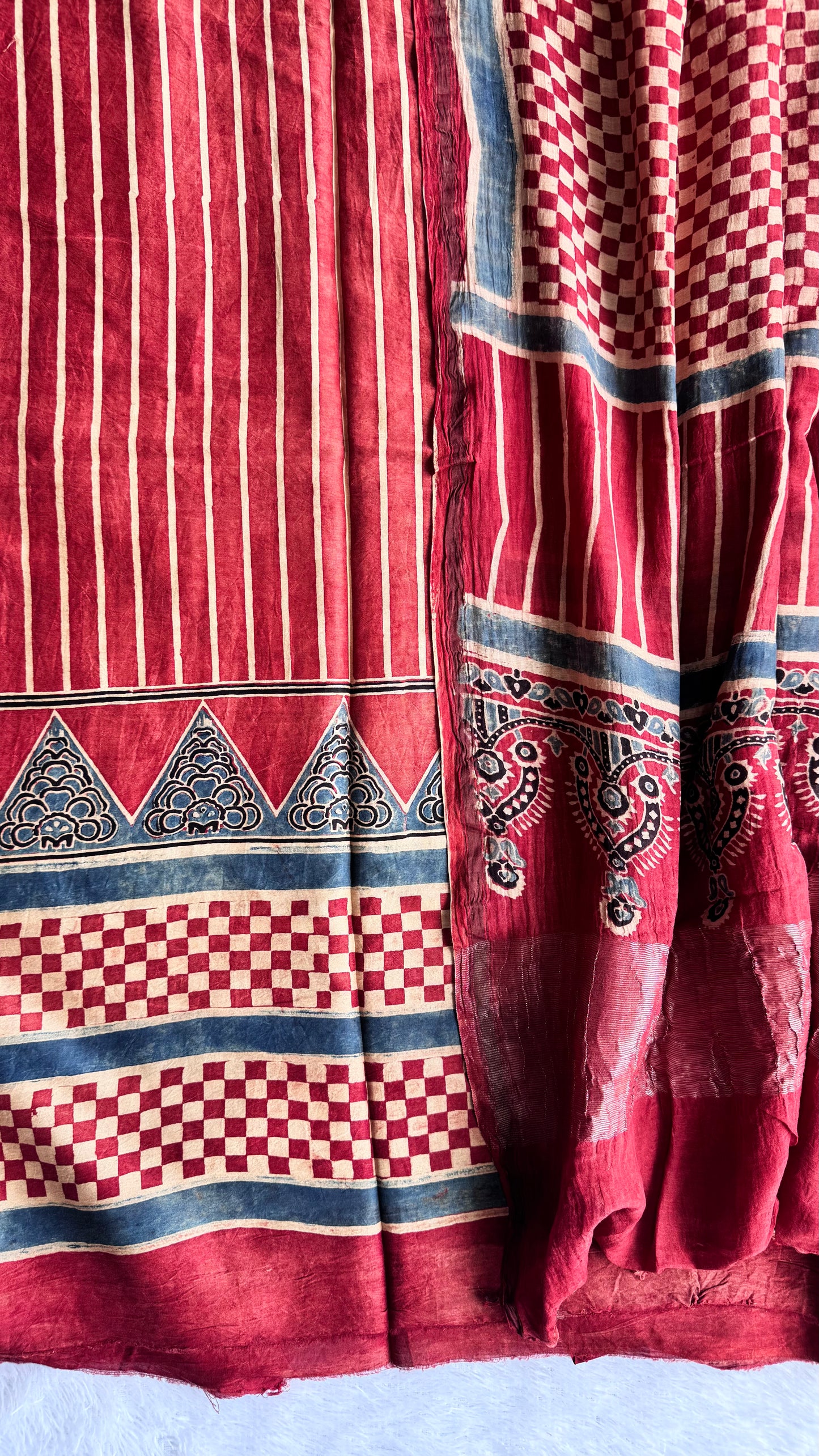 Brick Red Dhari Chess Motif Ajrakh Hand Block Chanderi Silk Cotton 2 Piece Suit set