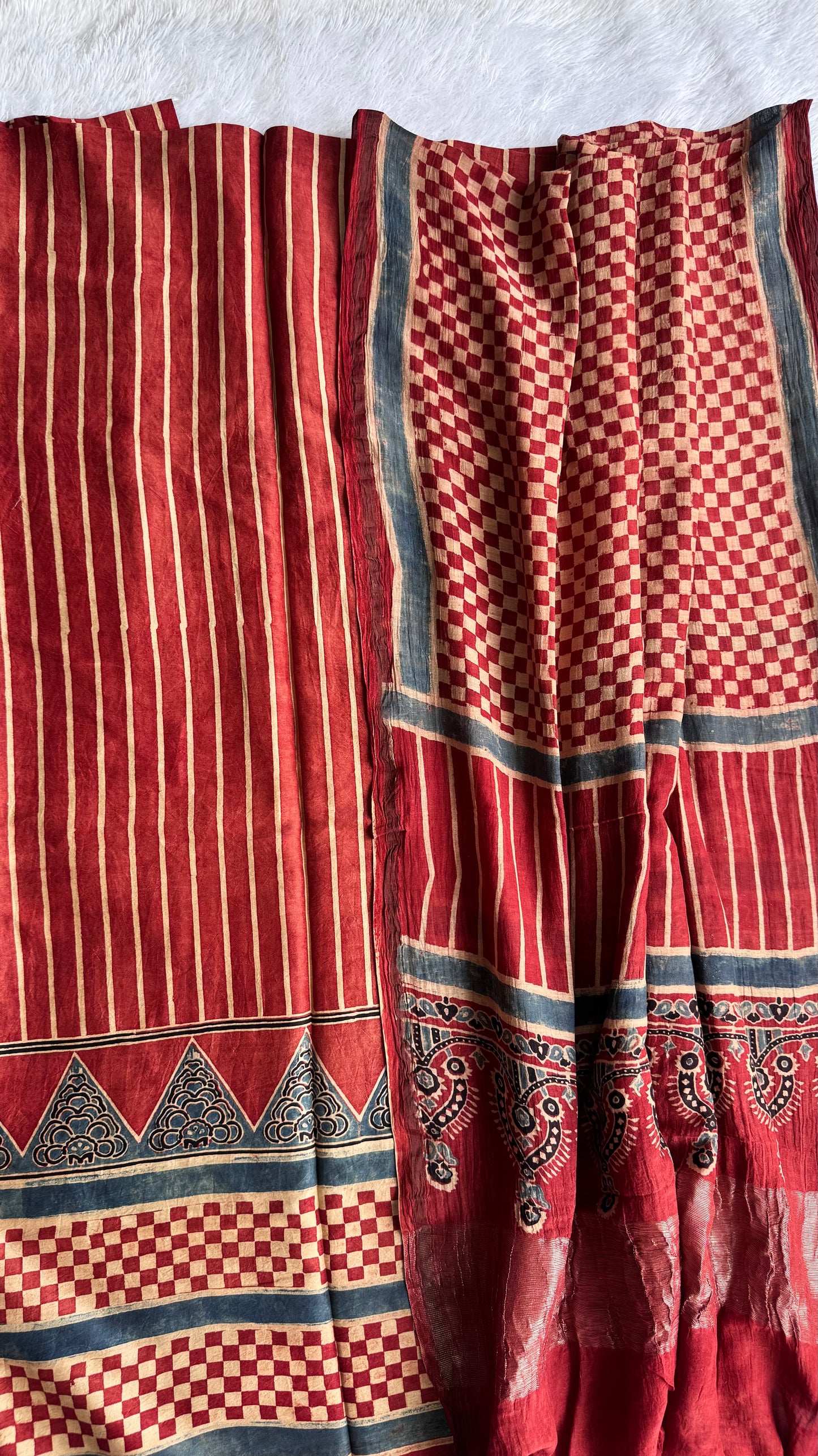 Brick Red Dhari Chess Motif Ajrakh Hand Block Chanderi Silk Cotton 2 Piece Suit set