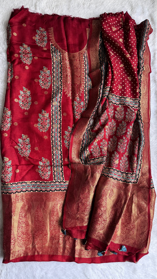 Deep Red Flower Boota Pure Dola Silk Ajrakh Hand Block Print 2pc Suit Material Set with Zari Yoke and Nakkashi Dupatta