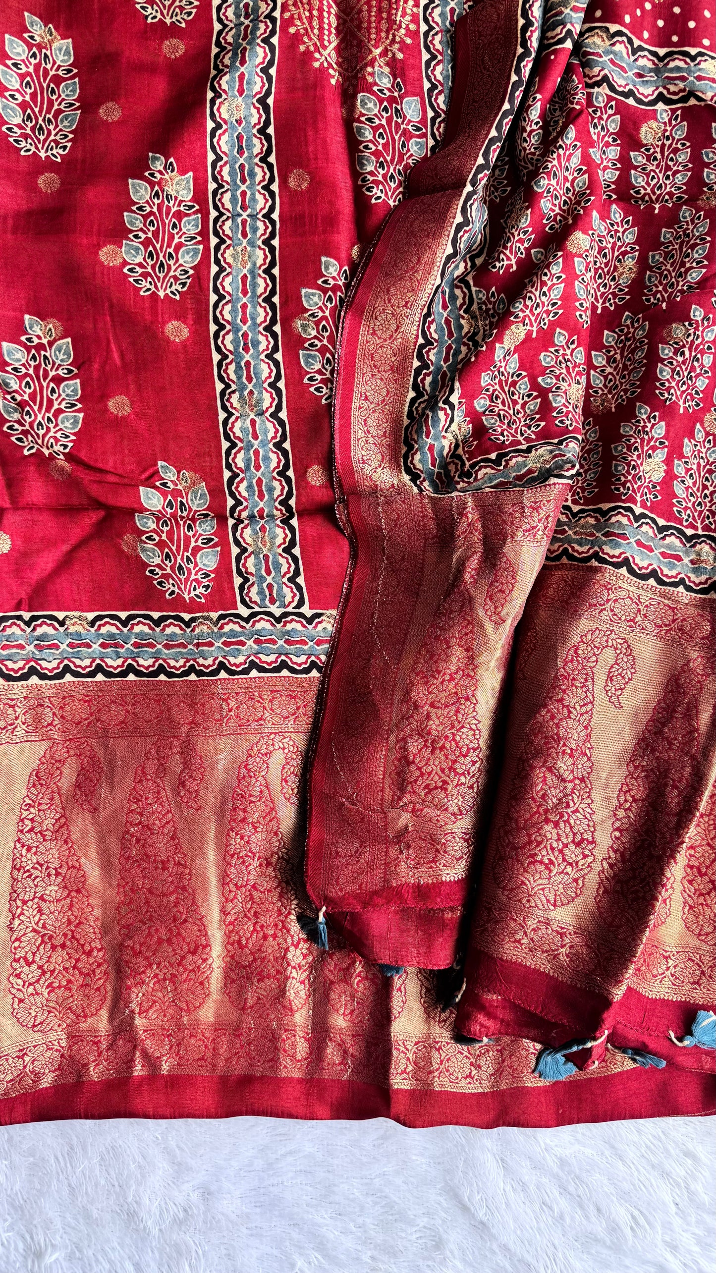 Deep Red Flower Boota Pure Dola Silk Ajrakh Hand Block Print 2pc Suit Material Set with Zari Yoke and Nakkashi Dupatta