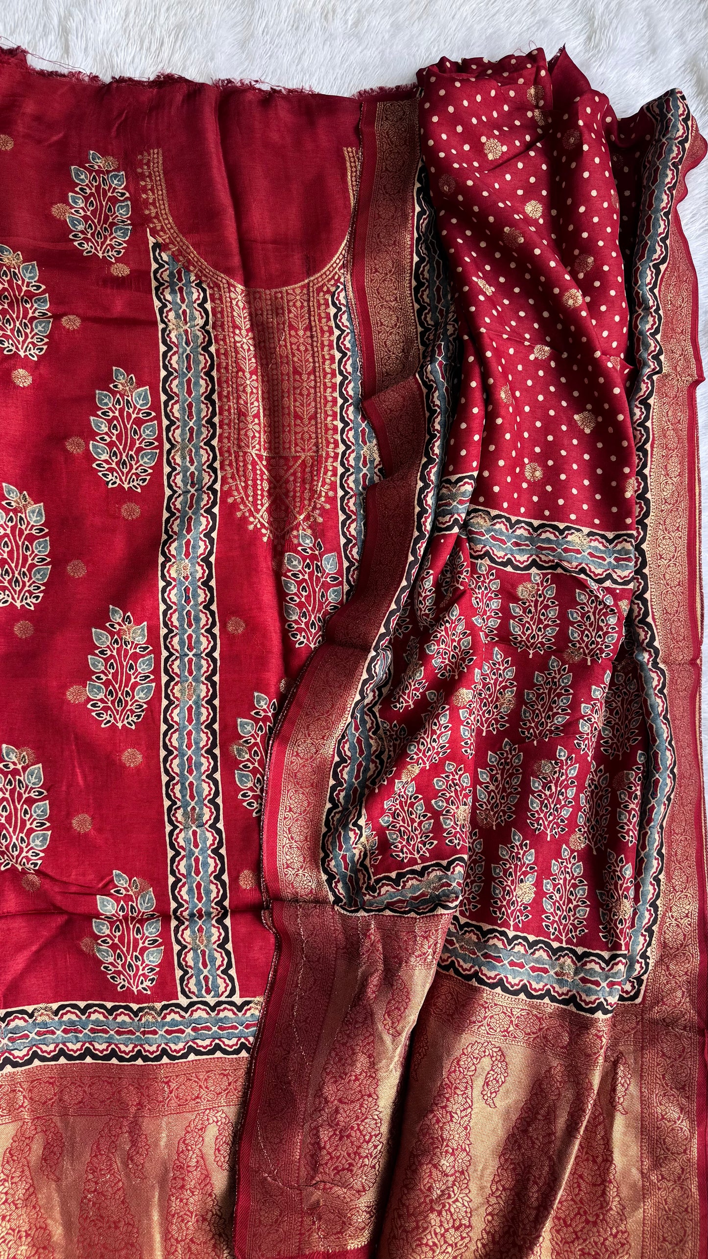 Deep Red Flower Boota Pure Dola Silk Ajrakh Hand Block Print 2pc Suit Material Set with Zari Yoke and Nakkashi Dupatta