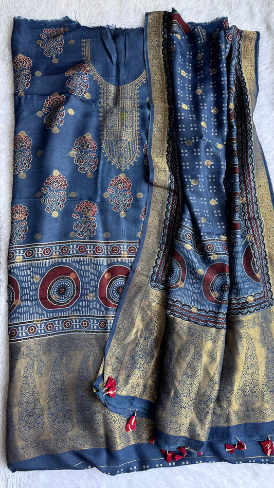 Blue Mugal Motif Pure Dola Silk Ajrakh Hand Block Print 2pc Suit Material Set with Zari Yoke and Nakkashi Dupatta