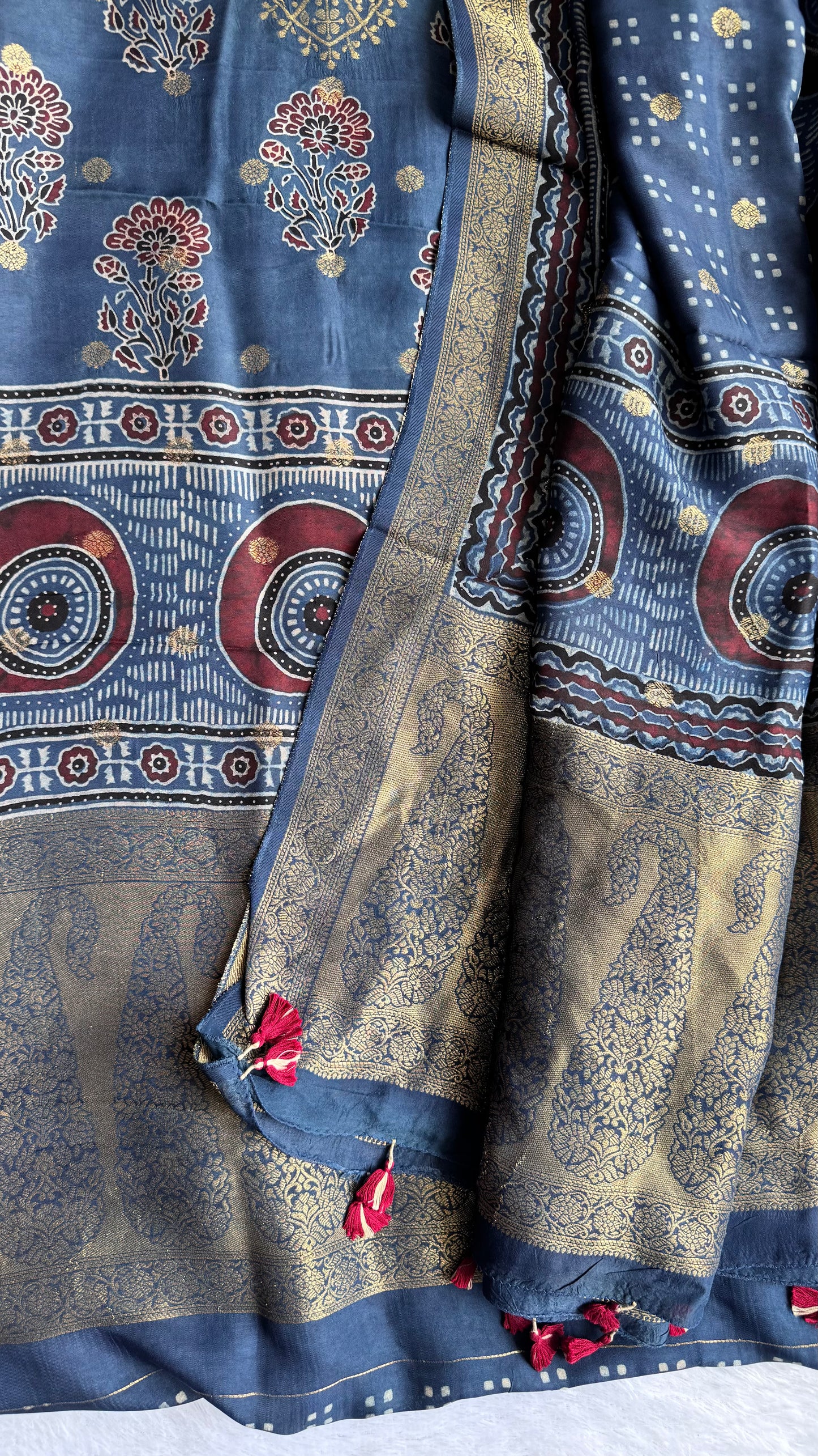 Blue Mugal Motif Pure Dola Silk Ajrakh Hand Block Print 2pc Suit Material Set with Zari Yoke and Nakkashi Dupatta