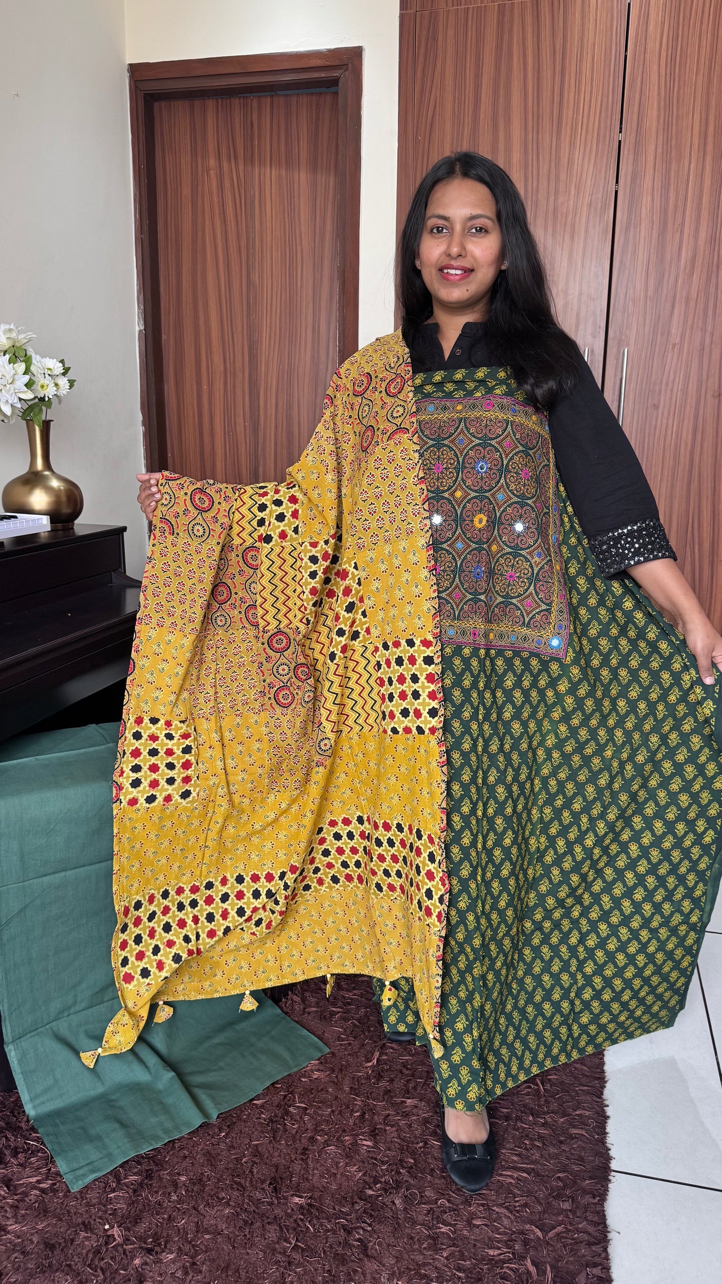 Green and Yellow Ajrakh Suit Set with Kutch embroidery and Multicolour Ajrakh Applique Cotton Dupatta