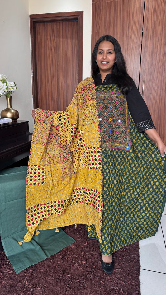Green and Yellow Ajrakh Suit Set with Kutch embroidery and Multicolour Ajrakh Applique Cotton Dupatta