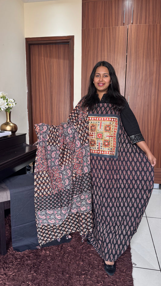 Alluring Black Ajrakh Suit Set with Kutch embroidery and Multicolour Ajrakh Applique Cotton Dupatta
