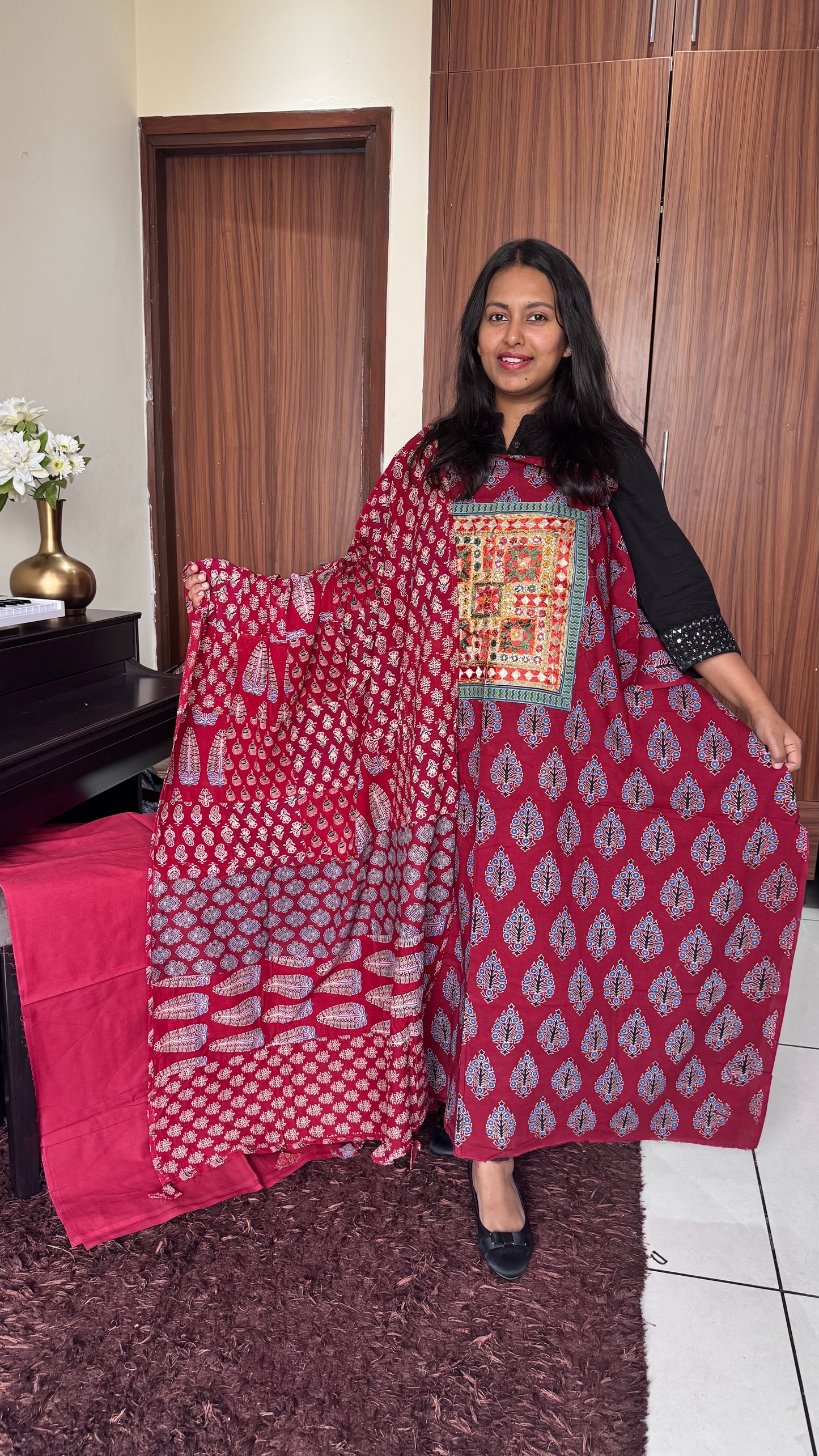Maroon Ajrakh Applique Unstitched Cotton Suit Set with Applique Dupatta
