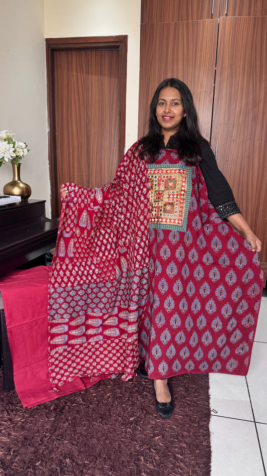 Maroon Ajrakh Applique Unstitched Cotton Suit Set with Applique Dupatta
