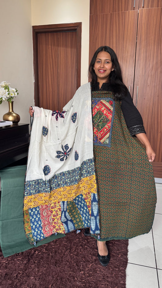 Green and Off White Ajrakh Unstitched Suit Set with Multicolour Ajrakh Applique Patchwork Cotton Dupatta