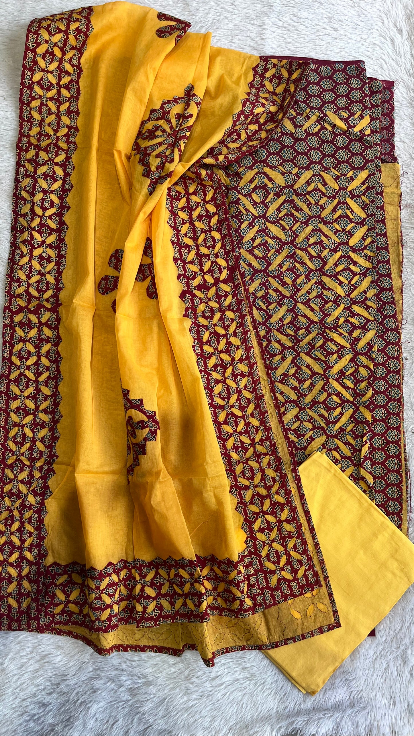 Yellow and Red Barmer Applique Cut Work Cotton Suit Material Set