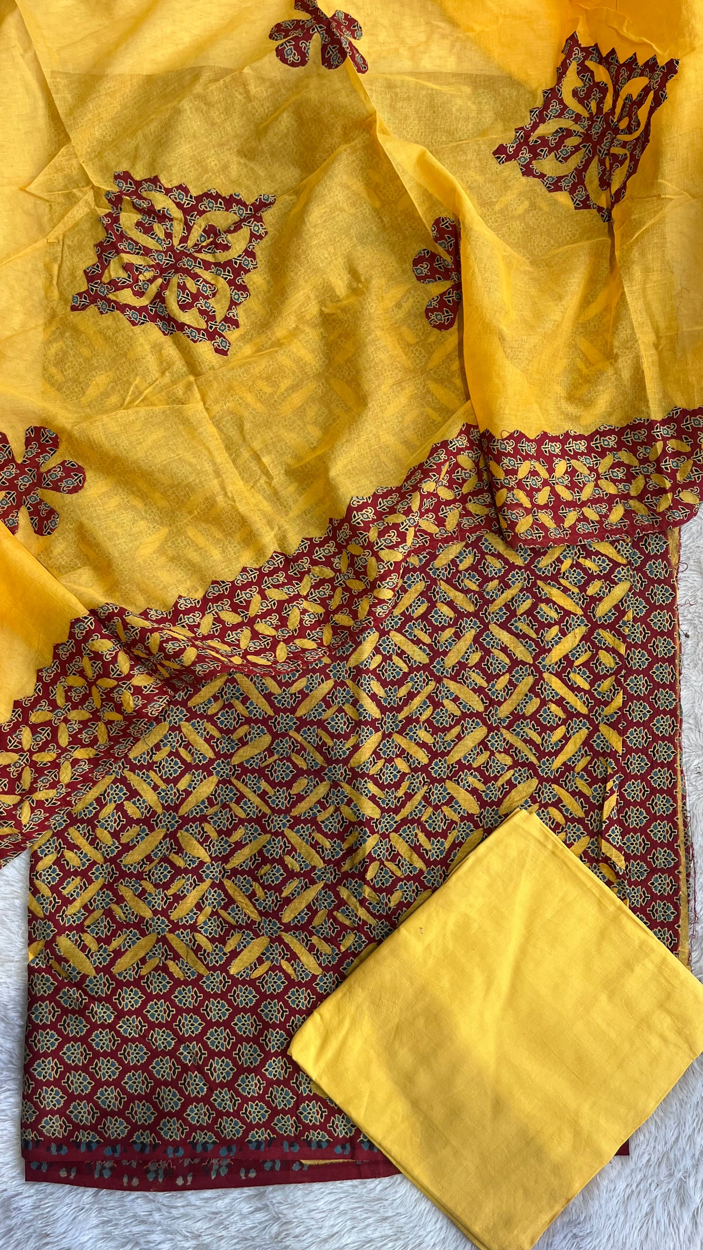 Yellow and Red Barmer Applique Cut Work Cotton Suit Material Set