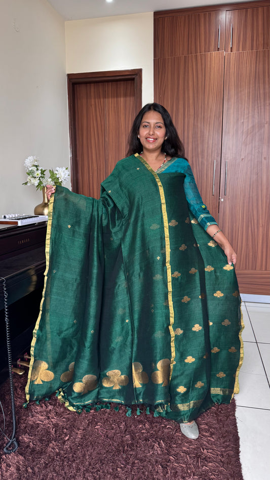 Forest Green Paan Buta Pure Jayshree Linen with Jamdani Hand Woven Daman 2 pc Suit Set