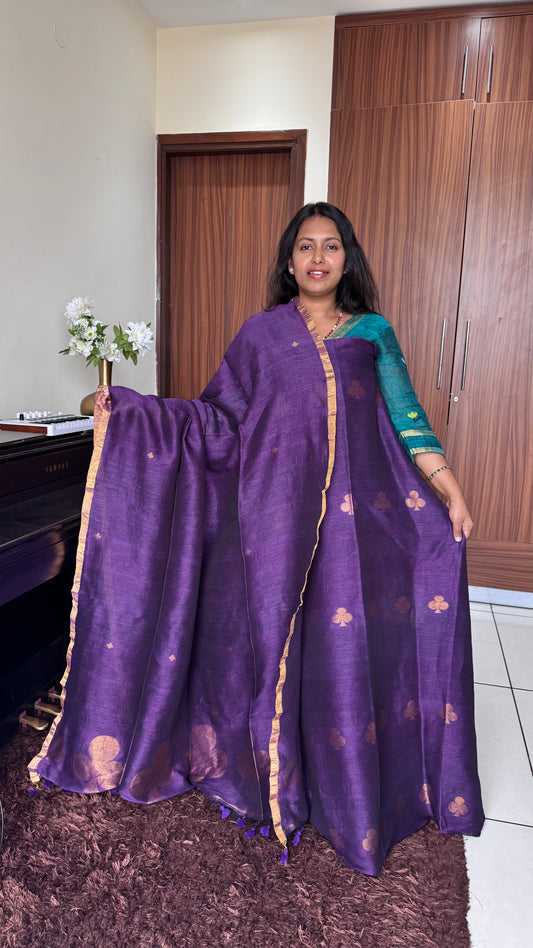 Purple Paan Buta Pure Jayshree Linen with Jamdani Hand Woven Daman 2 pc Suit Set