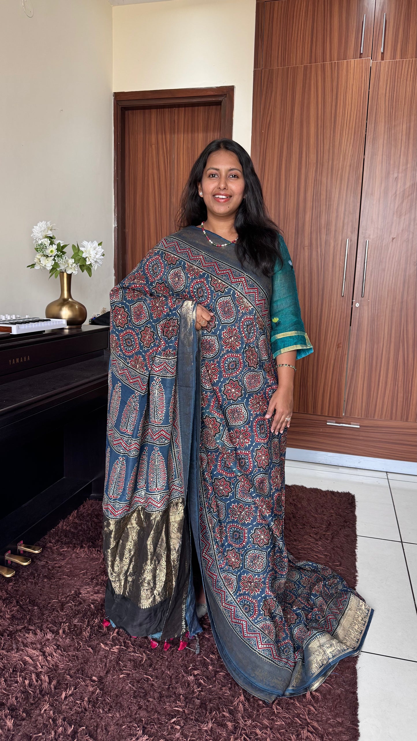Blue Badaam Buta Motif Ajrakh Hand Block Dola Silk Saree with Zari Pallu (With Blouse)