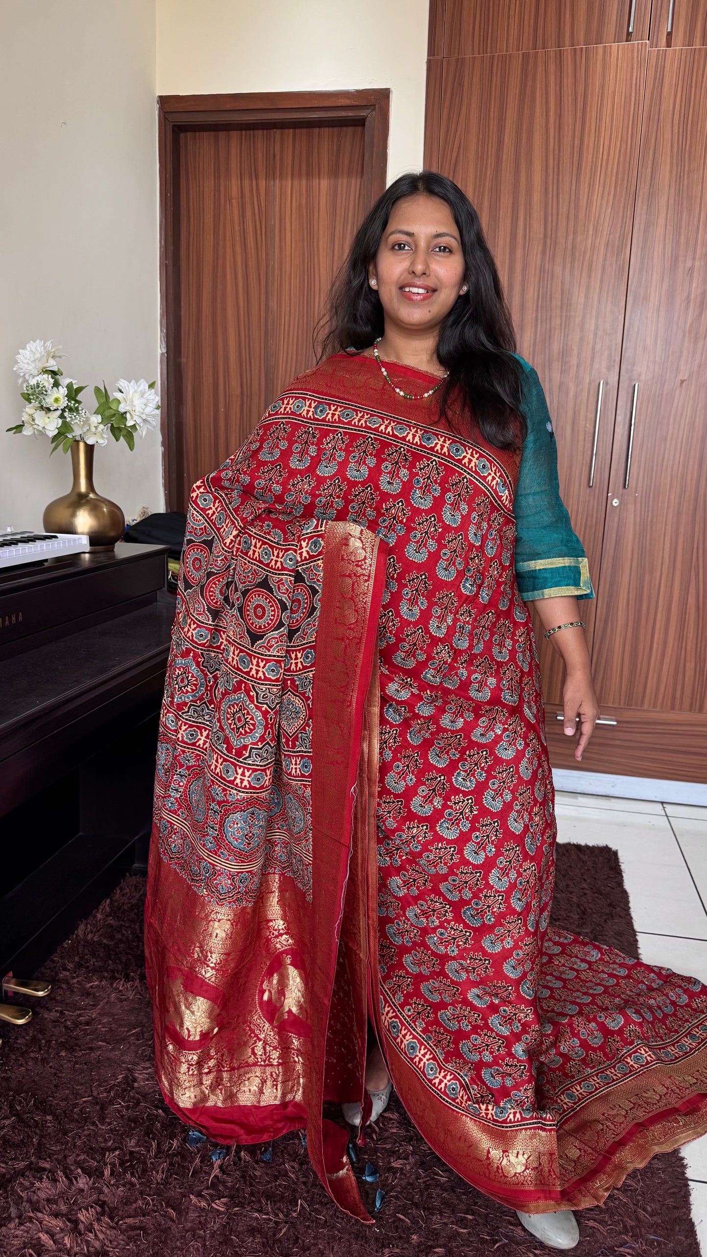 Red Mugal Buta Motif Ajrakh Hand Block Dola Silk Saree with Zari Pallu (With Blouse)