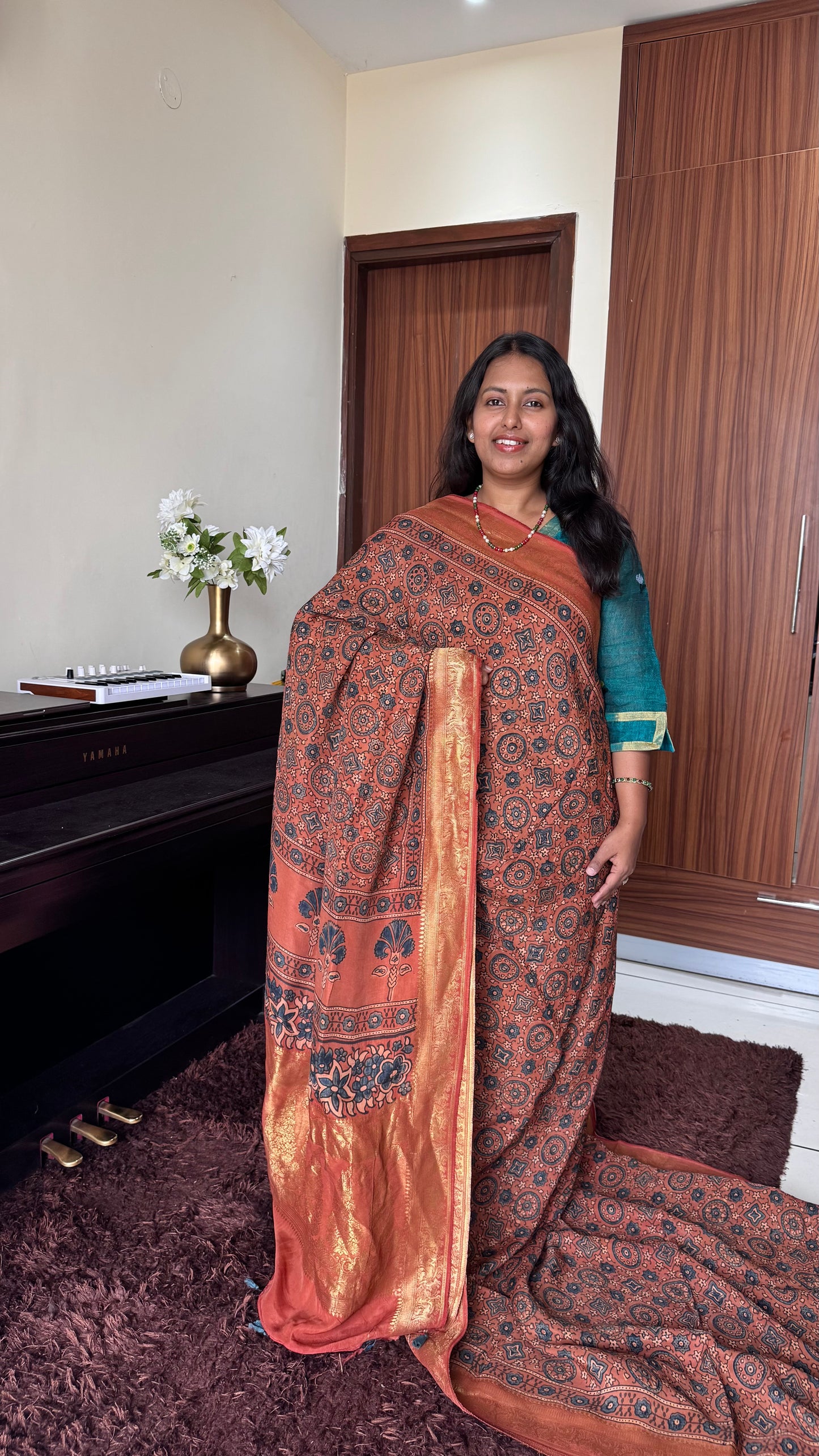 Kesari Jaal Buta Motif Ajrakh Hand Block Dola Silk Saree with Zari Pallu (With Blouse)