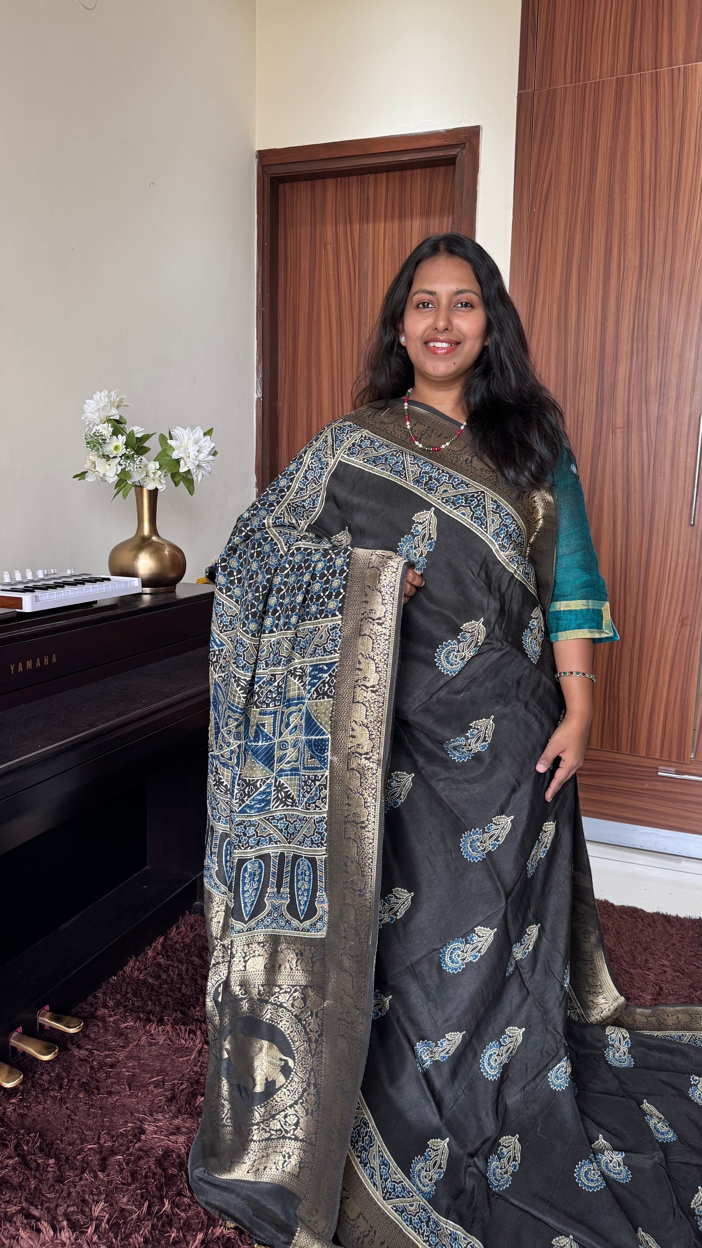 Black Mugal Buta Motif Ajrakh Hand Block Dola Silk Saree with Zari Pallu (With Blouse)