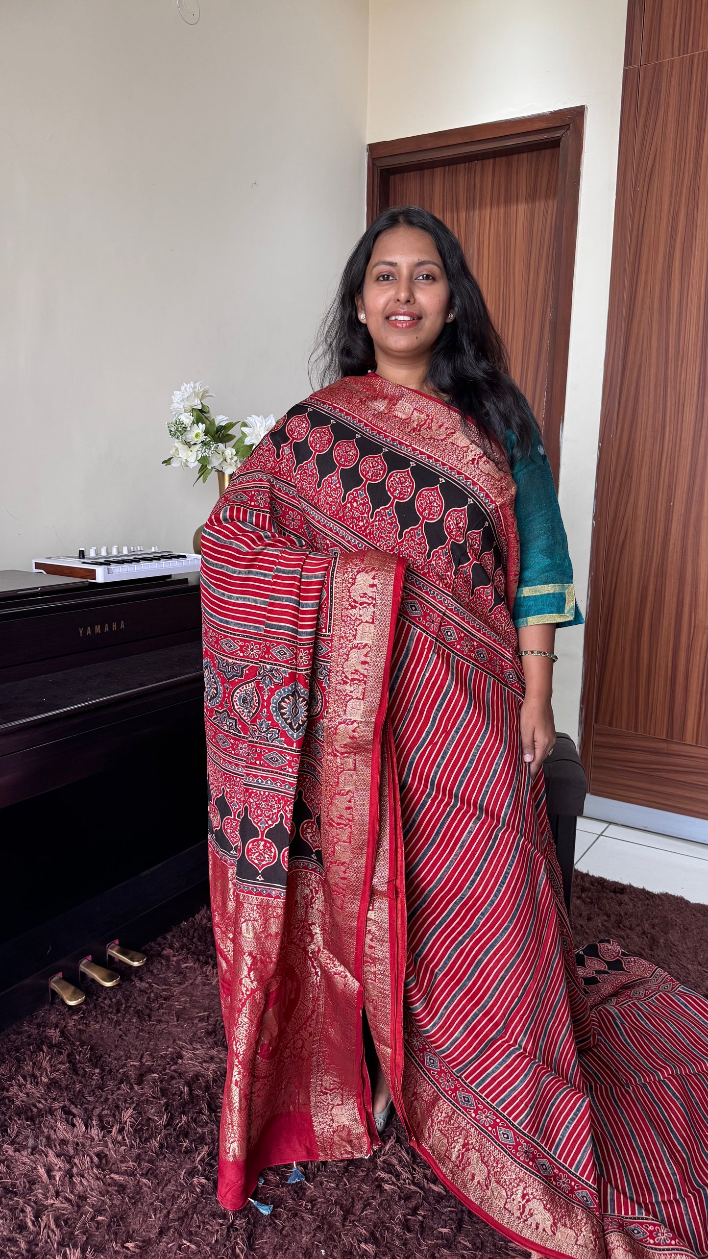 Red Dhaari Motif Ajrakh Hand Block Dola Silk with Zari Pallu Saree (With Blouse)