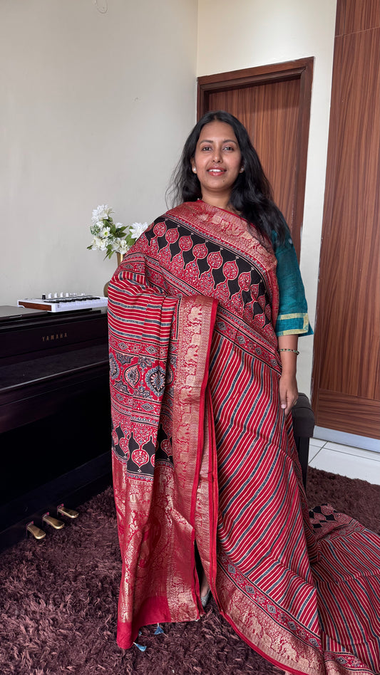 Red Dhaari Motif Ajrakh Hand Block Dola Silk with Zari Pallu Saree (With Blouse)