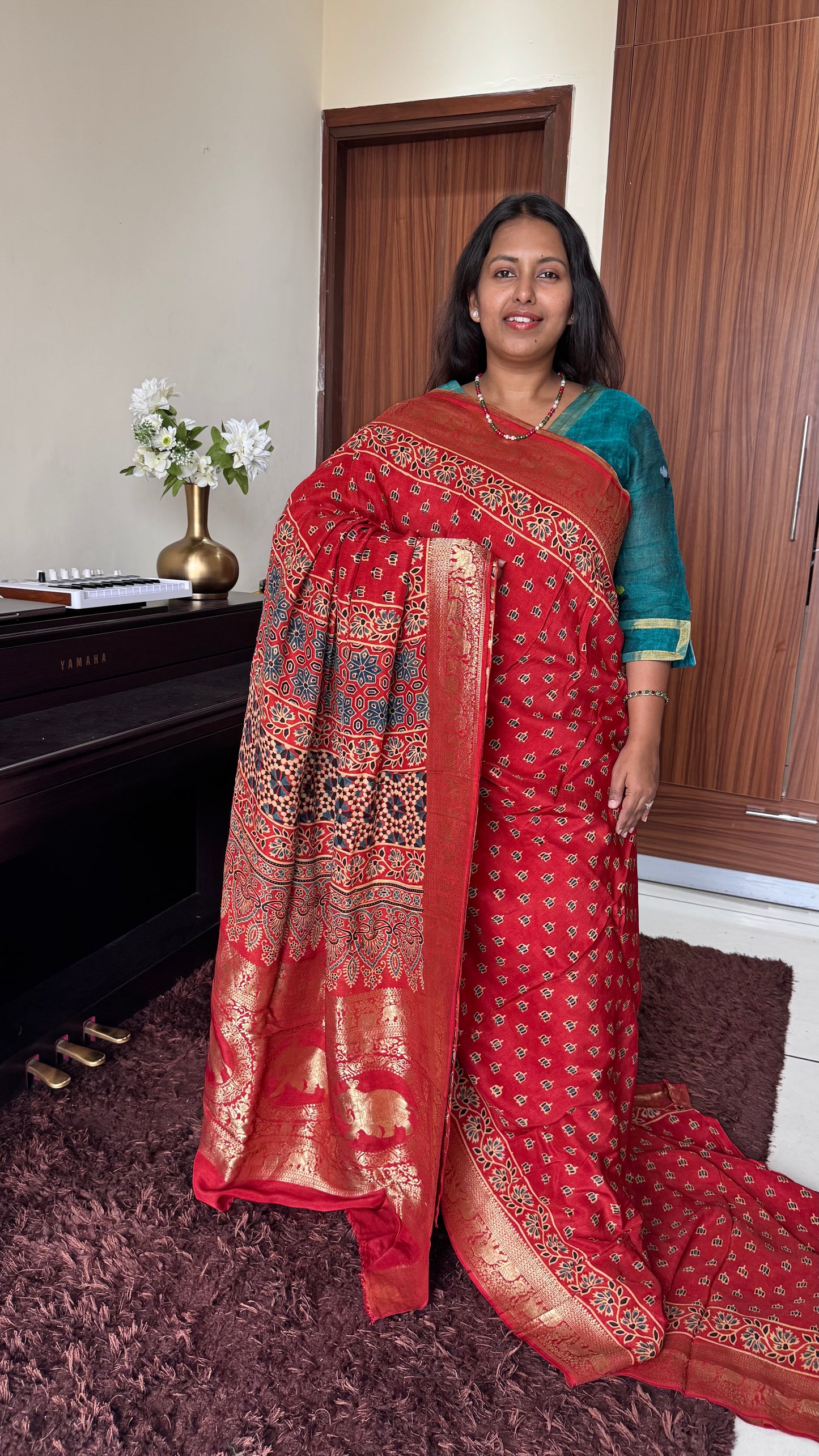 Brick Red Kamal Buti Motif Ajrakh Hand Block Dola Silk Saree with Zari Pallu(With Blouse)