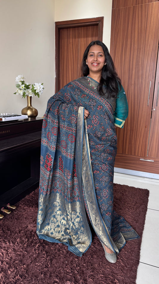 Blue Flower Motif Ajrakh Hand Block Dola Silk Saree with Zari Pallu(With Blouse)