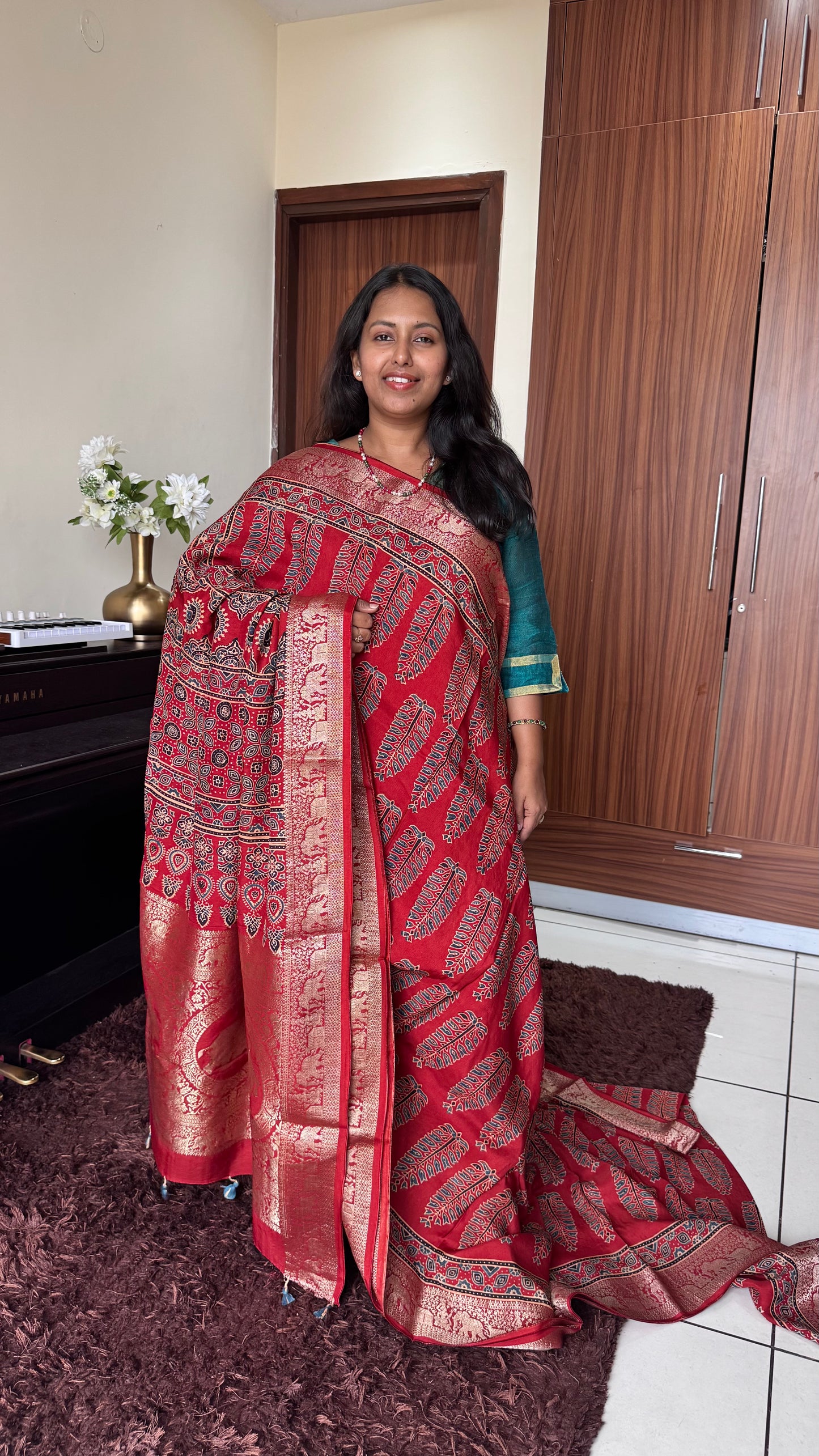 Red Asopallav Buta Ajrakh Hand Block Dola Silk Saree with Zari Pallu (With Blouse)