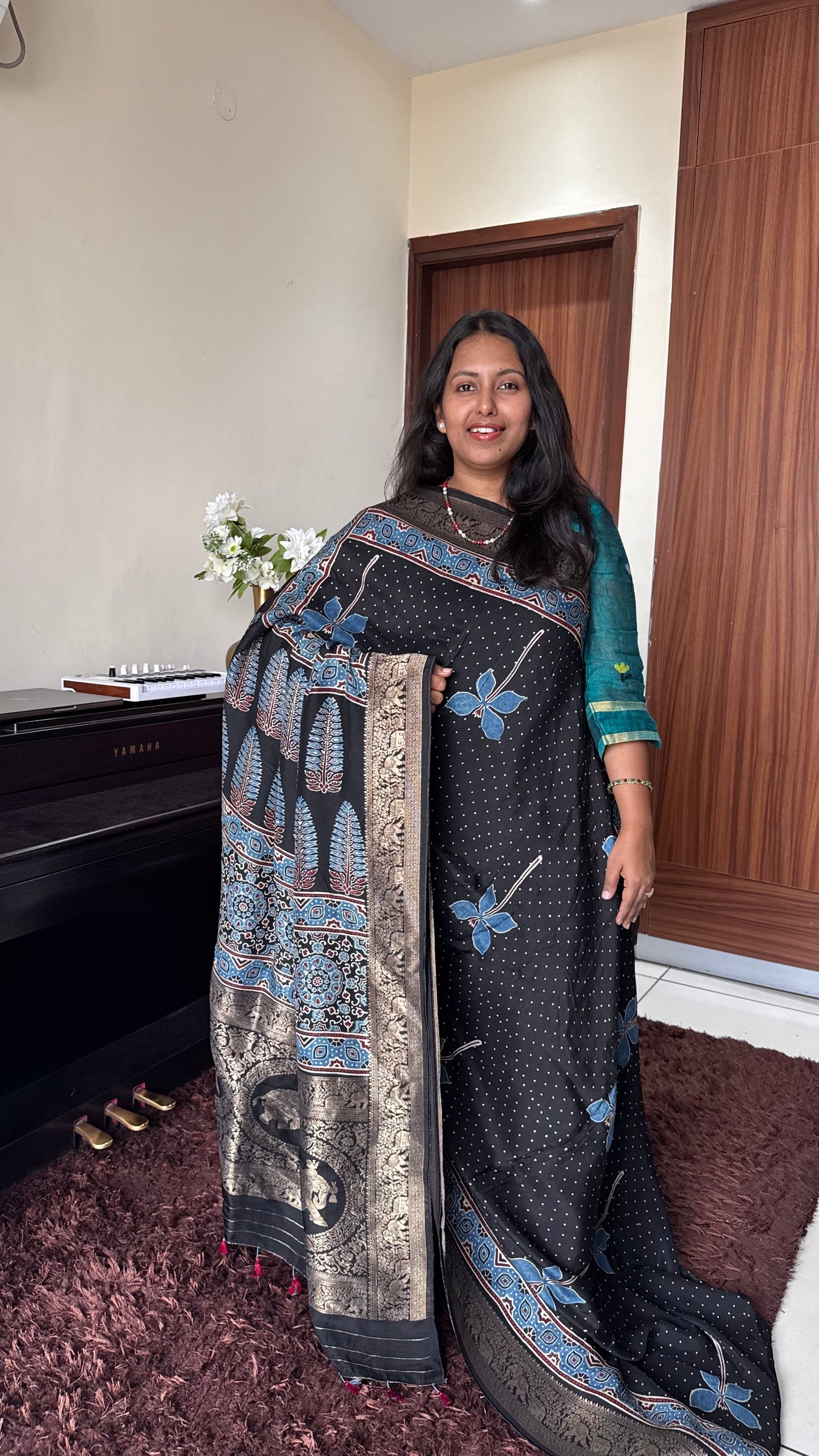 Black Polka and Fireflies Motif Ajrakh Hand Block Dola Silk Saree with Zari Pallu