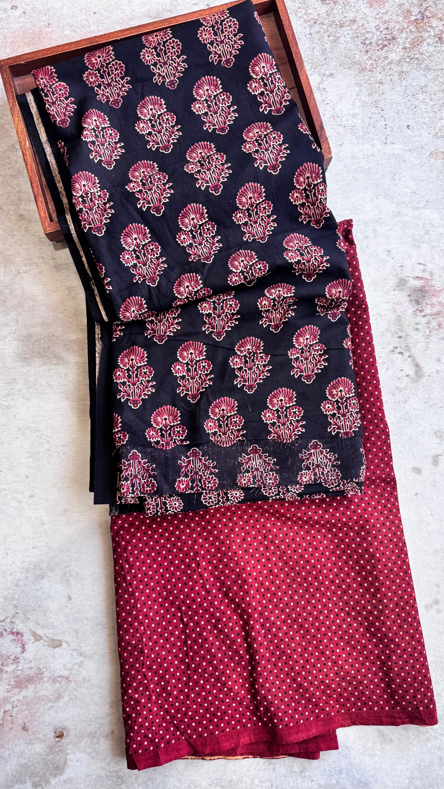 Black Blooming Flower Motif Ajrakh Pure Cotton Fabric Set with Red Polka Dot Shade Lower