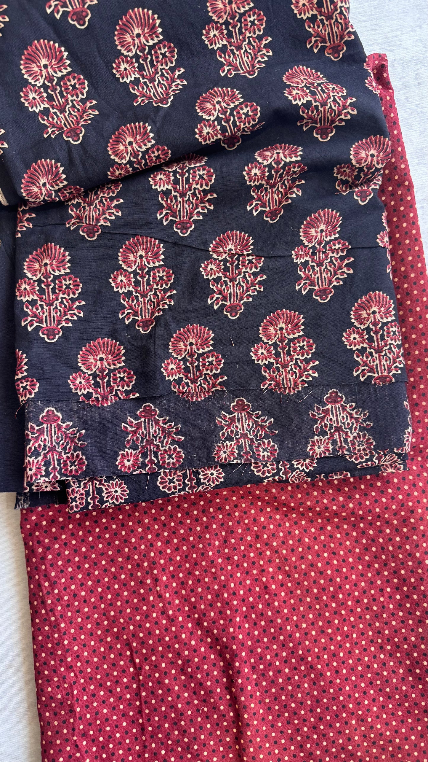 Black Blooming Flower Motif Ajrakh Pure Cotton Fabric Set with Red Polka Dot Shade Lower