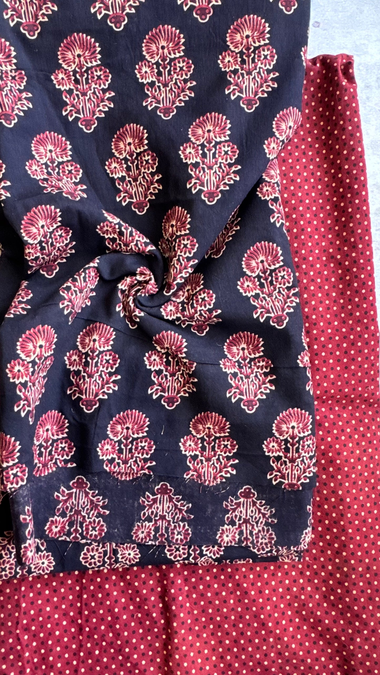Black Blooming Flower Motif Ajrakh Pure Cotton Fabric Set with Red Polka Dot Shade Lower