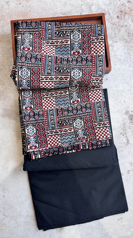 Black Geometric Pattern Motif Ajrakh Pure Cotton Fabric Set with Black Solid Shade Lower
