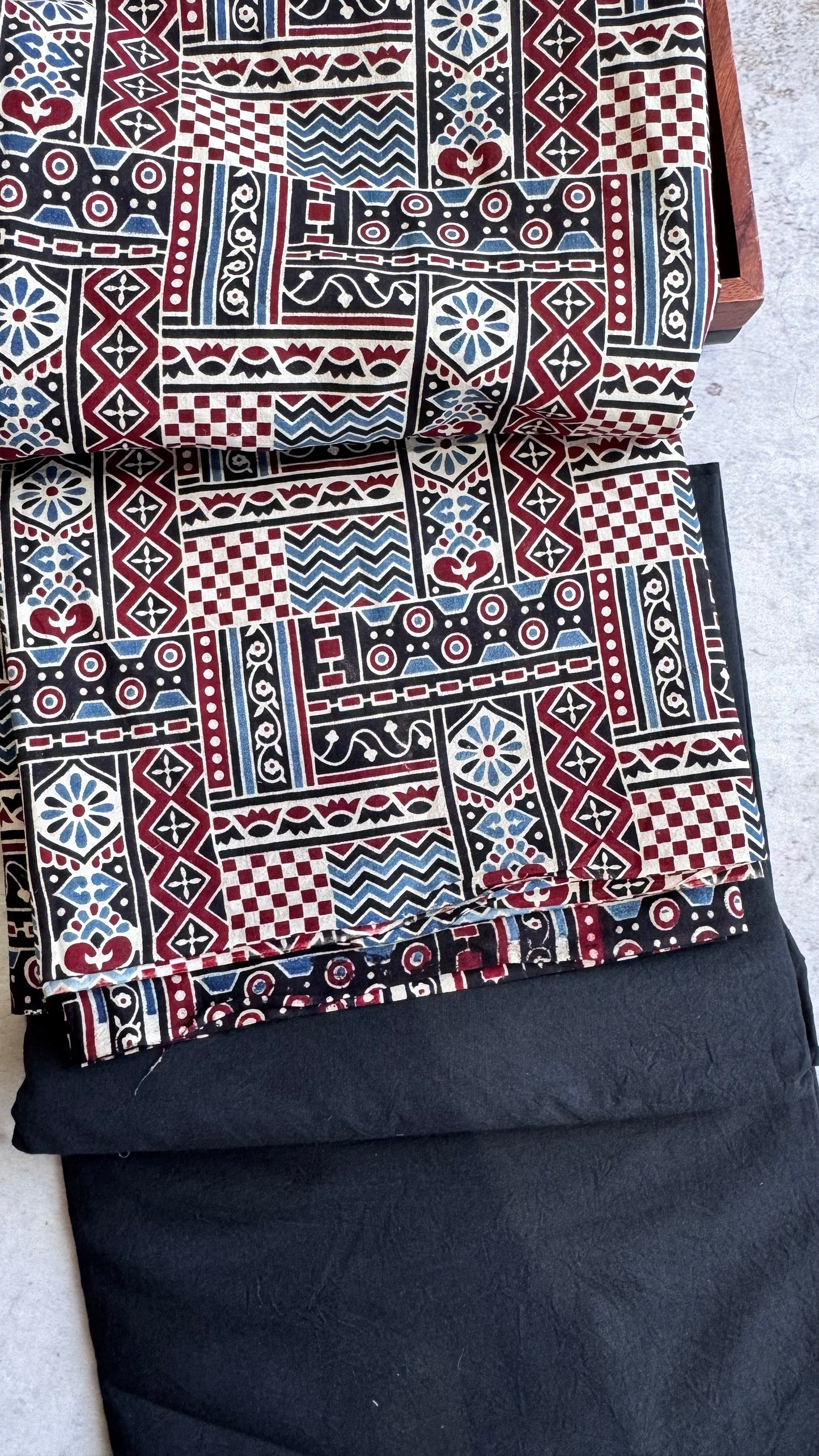 Black Geometric Pattern Motif Ajrakh Pure Cotton Fabric Set with Black Solid Shade Lower