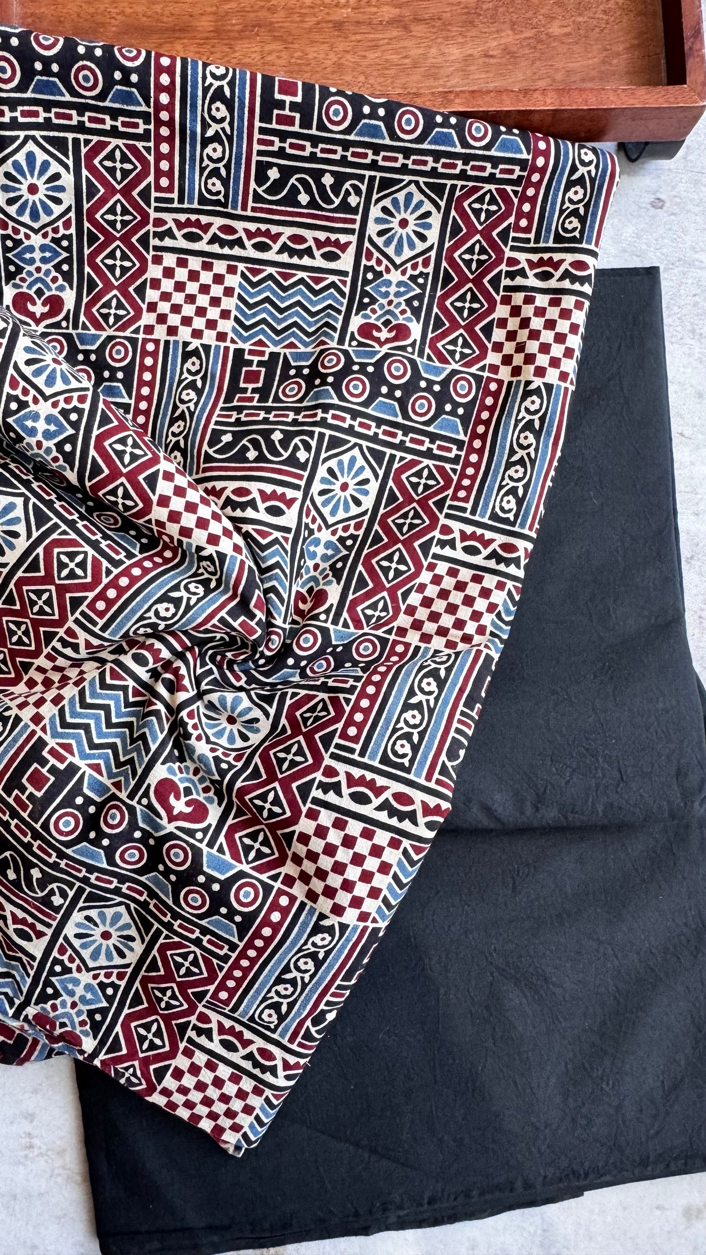 Black Geometric Pattern Motif Ajrakh Pure Cotton Fabric Set with Black Solid Shade Lower