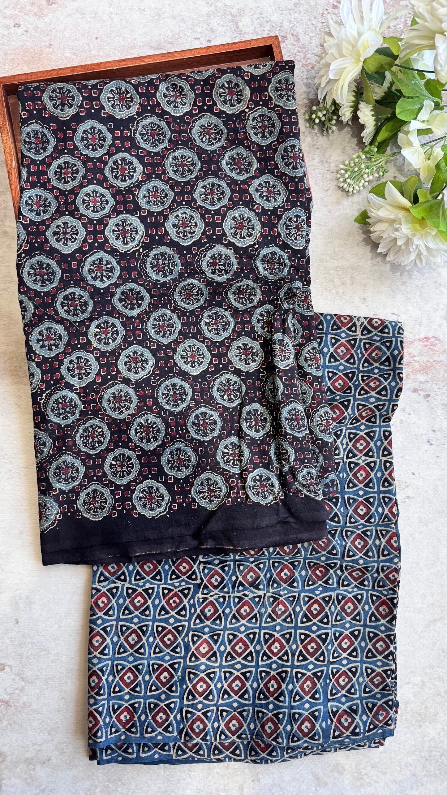 Black Circle Flower Motif Ajrakh Pure Cotton Fabric Set with Geometric Pattern Lower