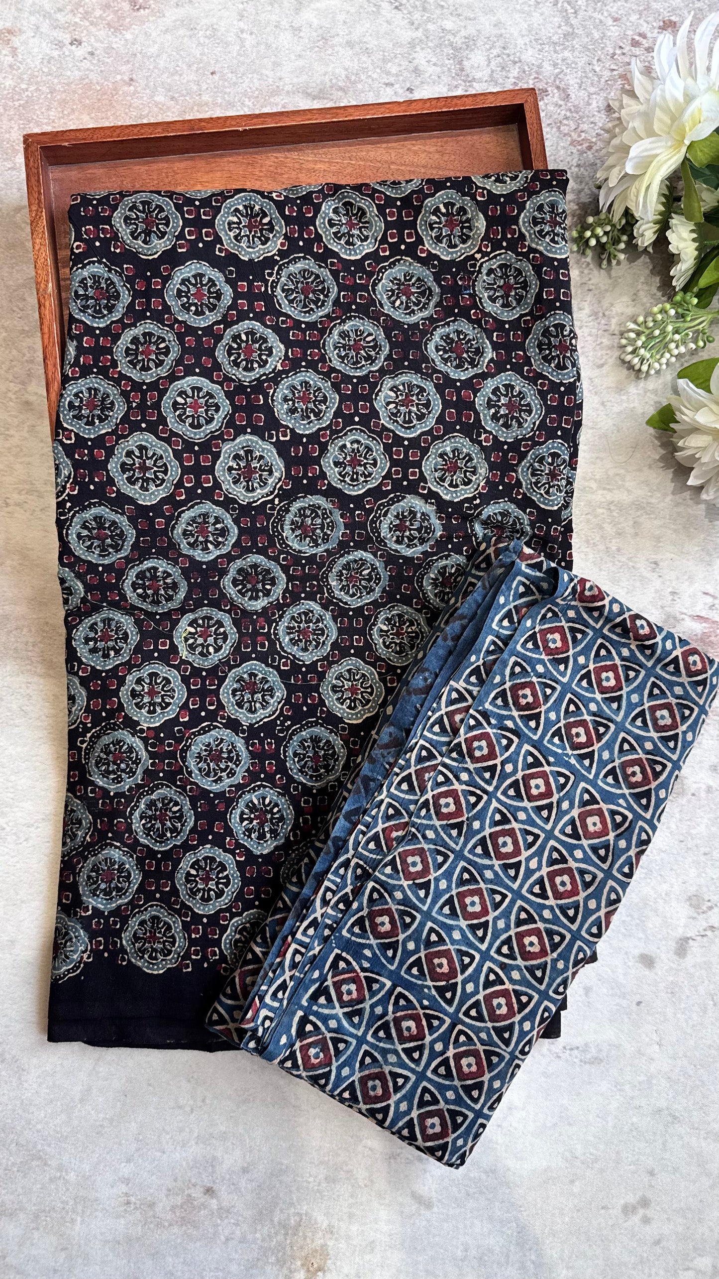 Black Circle Flower Motif Ajrakh Pure Cotton Fabric Set with Geometric Pattern Lower