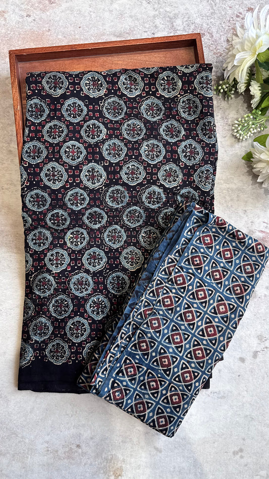 Black Circle Flower Motif Ajrakh Pure Cotton Fabric Set with Geometric Pattern Lower