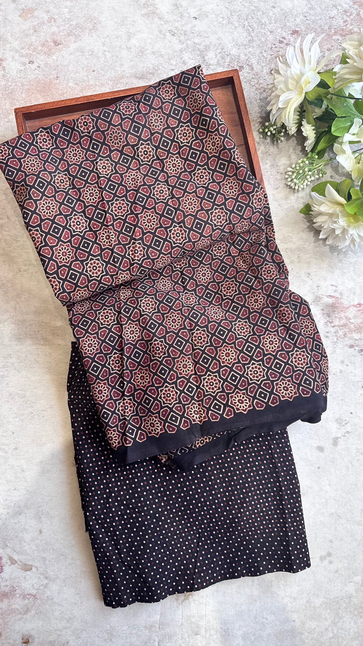 Black Diamond Flower Motif Ajrakh Pure Cotton Fabric Set with Polka Dot Lower