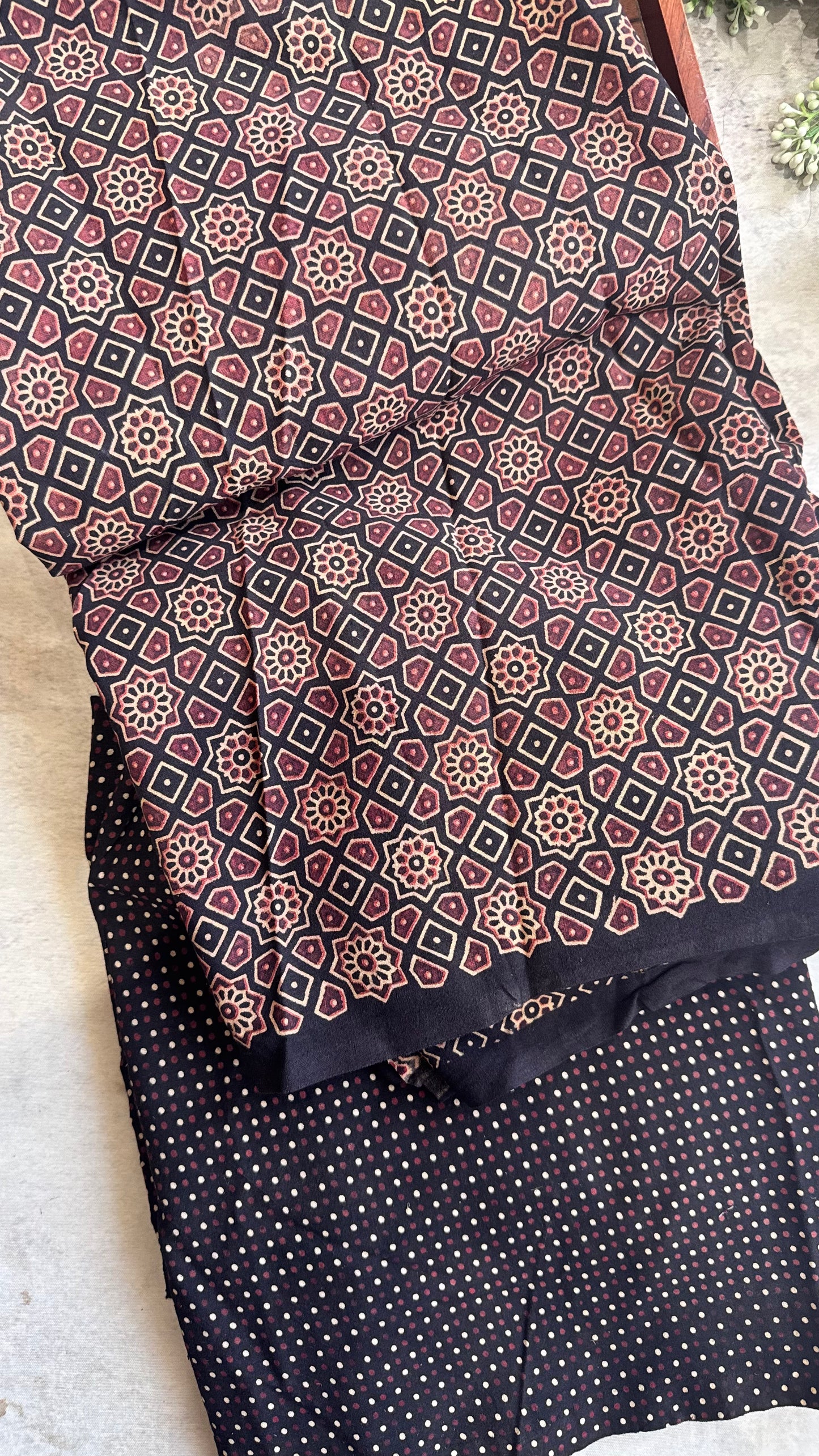 Black Diamond Flower Motif Ajrakh Pure Cotton Fabric Set with Polka Dot Lower