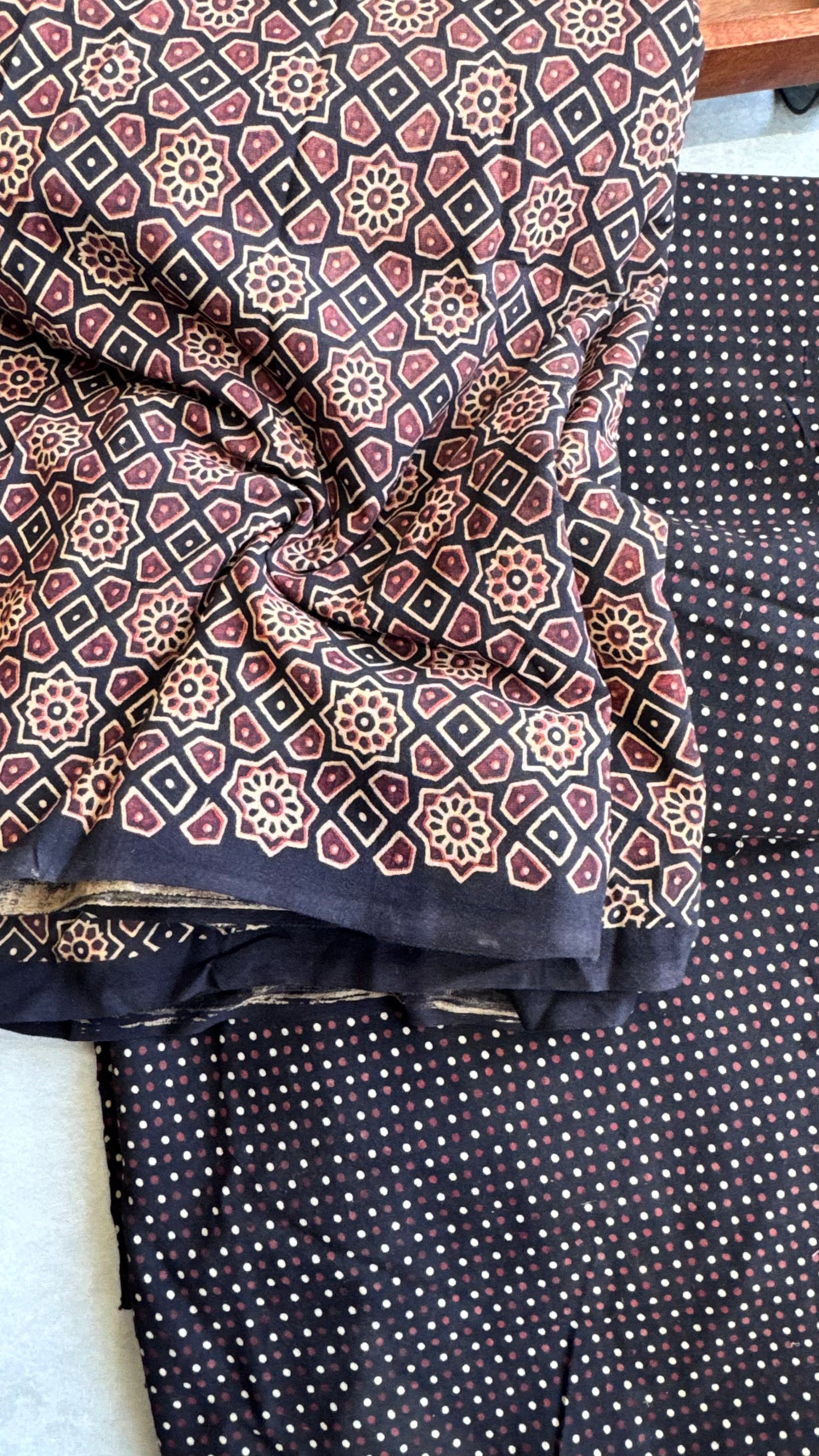 Black Diamond Flower Motif Ajrakh Pure Cotton Fabric Set with Polka Dot Lower